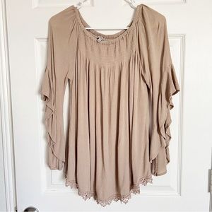 JODIFL | Taupe Bell Sleeve Top Lace Crochet Detail